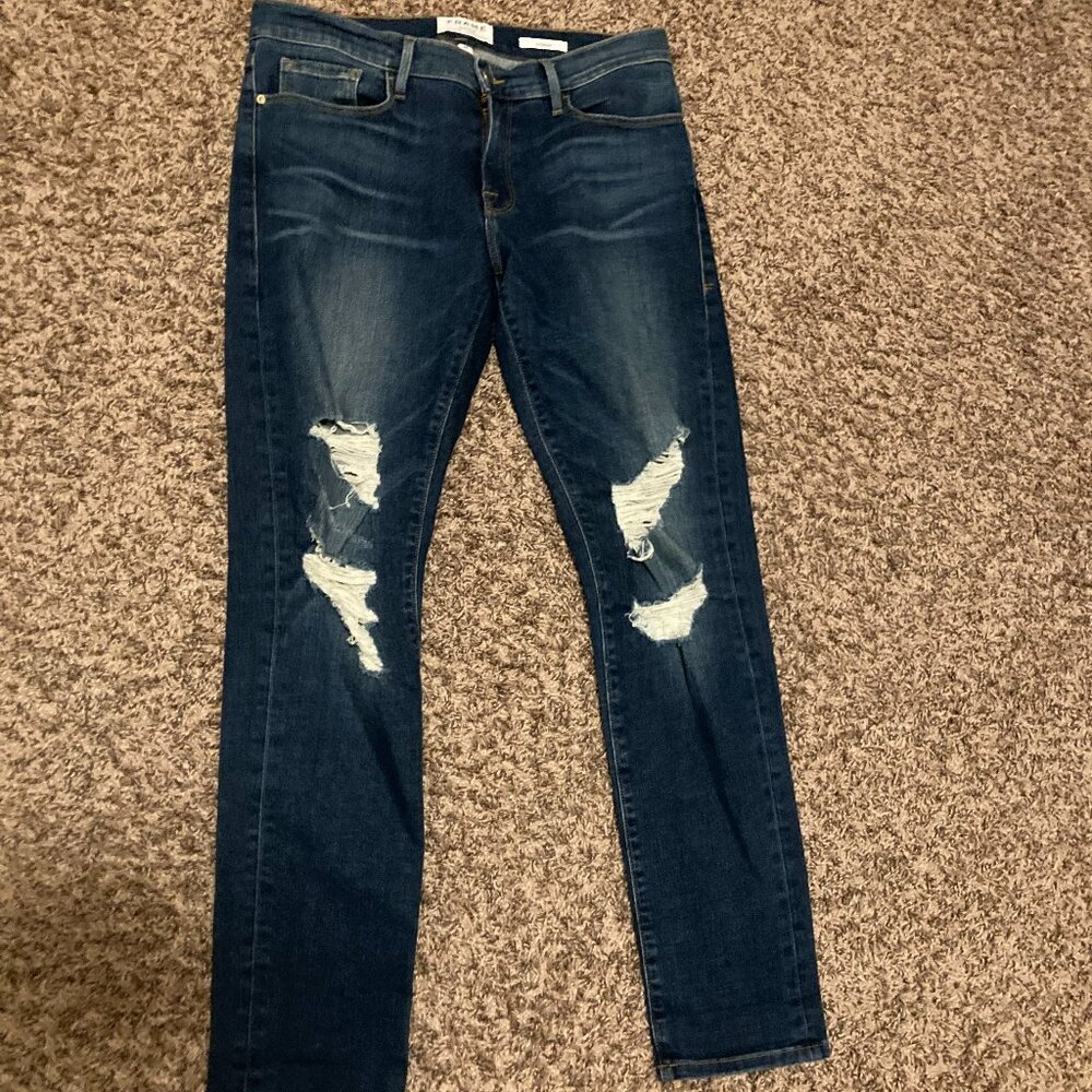 Frame Denim Le Garcon Jeans Size 28 Dark Blue Distressed Adams Cotton Blend